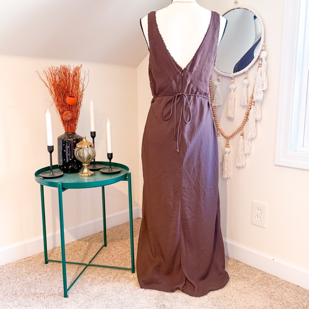 Wild Fable Chocolate Brown Lace Slip V-Neck Sleeveless Midi Dress - Picture 4 of 7